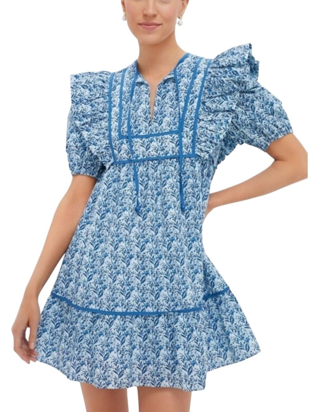 Tuckerneck Hyacinth House Rosaleigh Blue Floral Ruffled Mini Dress Size Small